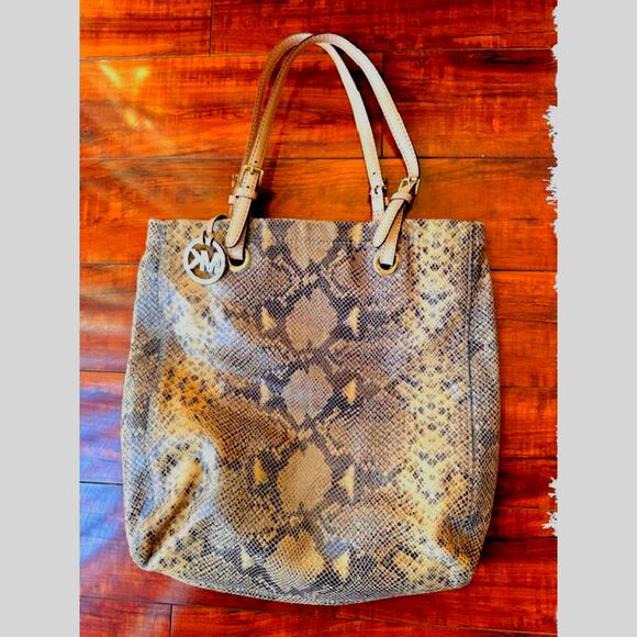 Michael Kors Authentic Snakeskin-Phyton Textured Gold tone Buckle Large Tote Bag